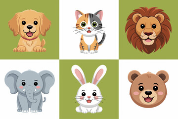 Animal face avatar icons, dog cat lion elephant rabbit bear vector, round badge illustration, cute character clipart, social sticker design