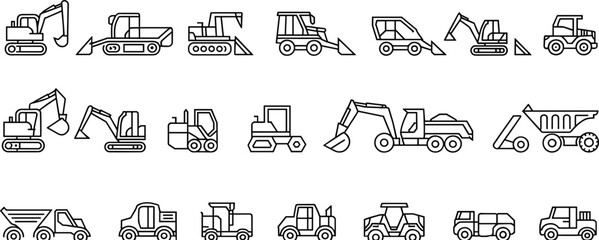 Heavy construction vehicle icons set including excavators, bulldozers, dump trucks, loaders, rollers, and tractors in linear outline style © Shahadot Creatives