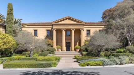 Obraz premium An elegant residence with classical columns, framed by blue skies and lush greenery.