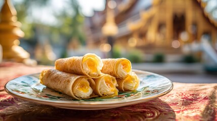 Crispy rolls with cream recipe delicious thai dessert on plate sweet treat asian cuisine background temple