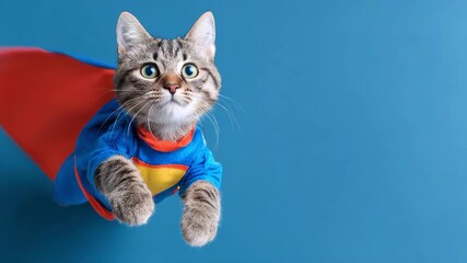 A tabby cat dons a hero's cape and costume, eyes wide with playful determination, against a bright blue backdrop, embodying feline superhero fun.