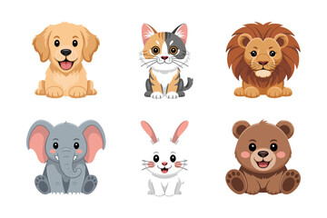 Cute animal collection, puppy kitten lion cub elephant bunny bear vector, friendly cartoon illustration, kids wall art clipart, nursery room design