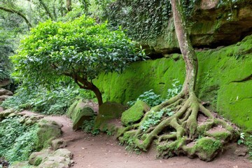 Lush green forest path with mossy rocks and trees