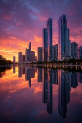 Fototapeta premium Urban sunrise reflection over calm water. Skyscrapers mirrored in tranquil lake at dawn. Vibrant sunset hues