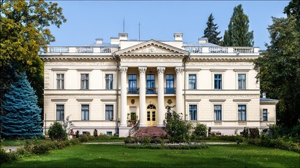 Fototapeta premium An elegant residence with classical columns, framed by blue skies and lush greenery.
