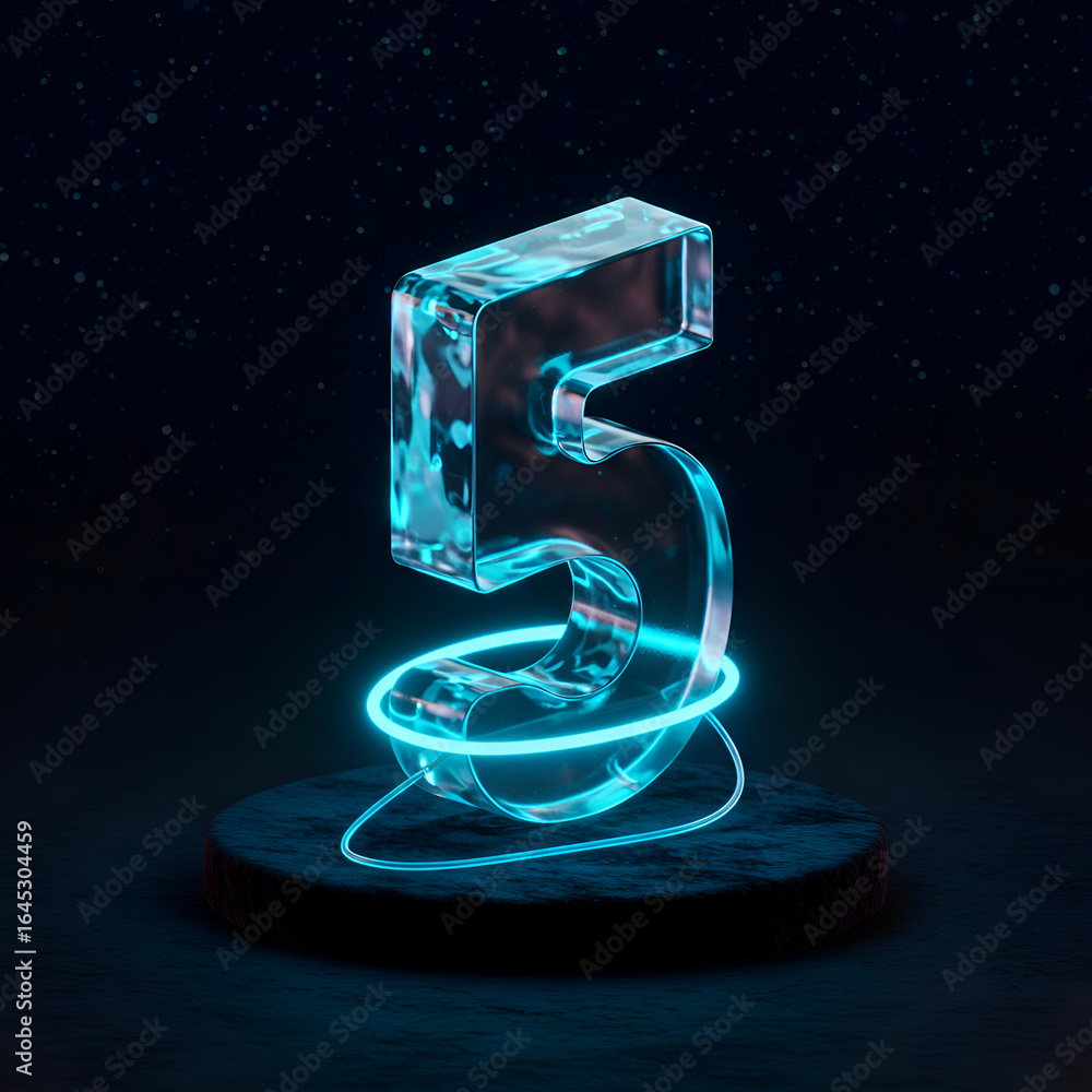 Poster abstract number five with glowing neon outline in dark space setting. transparent, three-dimensional
