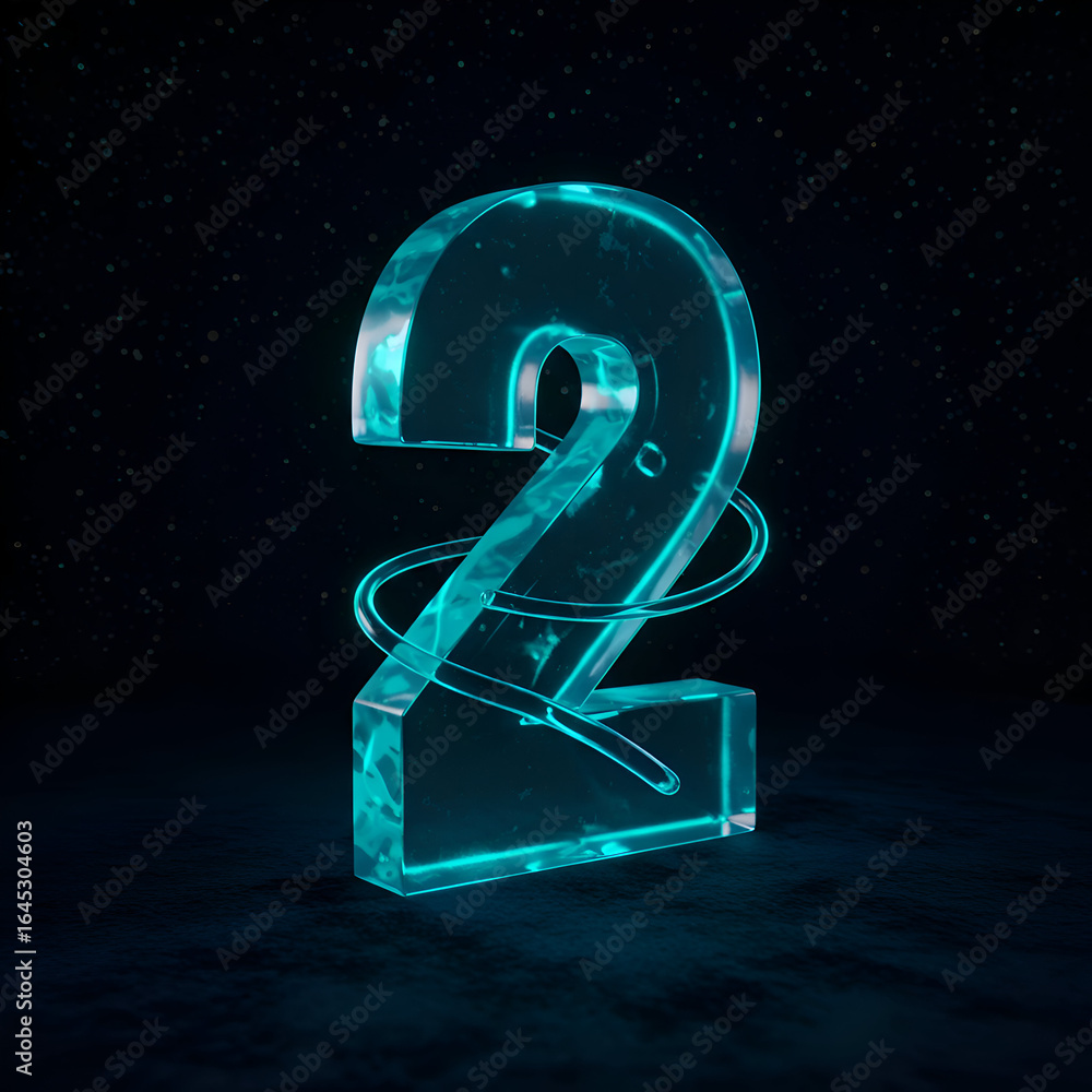 Poster glowing teal number two in a dark, futuristic setting. abstract, glowing, 3d rendering of the number