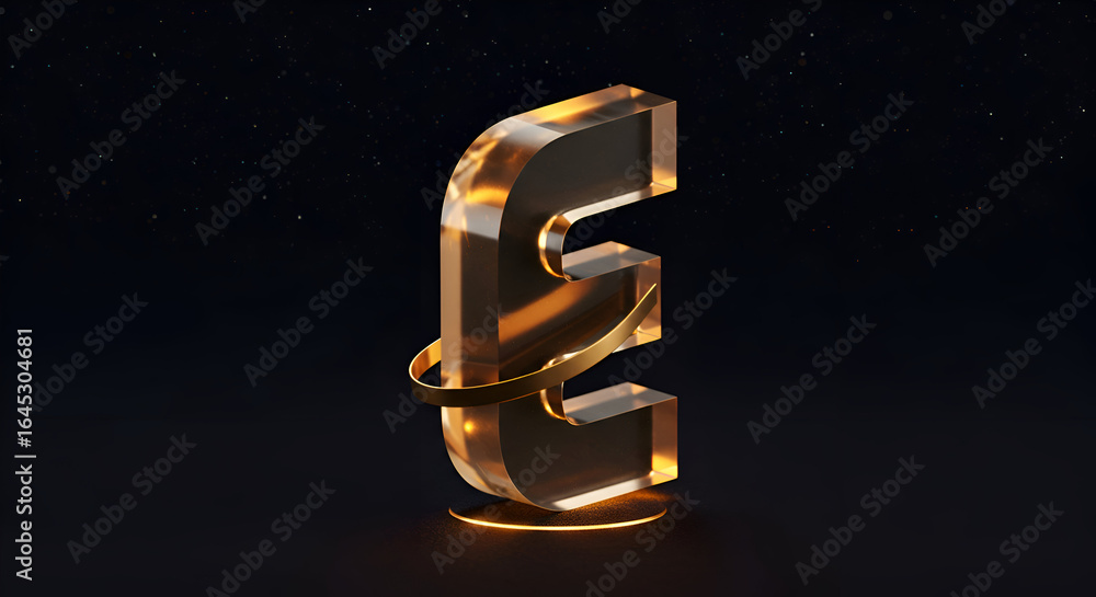 Poster golden translucent letter e with orbiting gold accent in a studio setting. abstract design element w