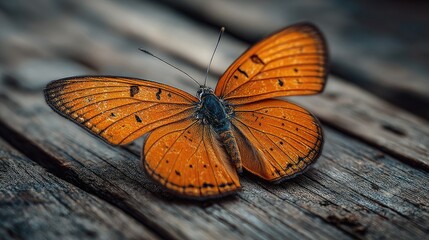 Close-up of an orange butterfly on weathered wood
