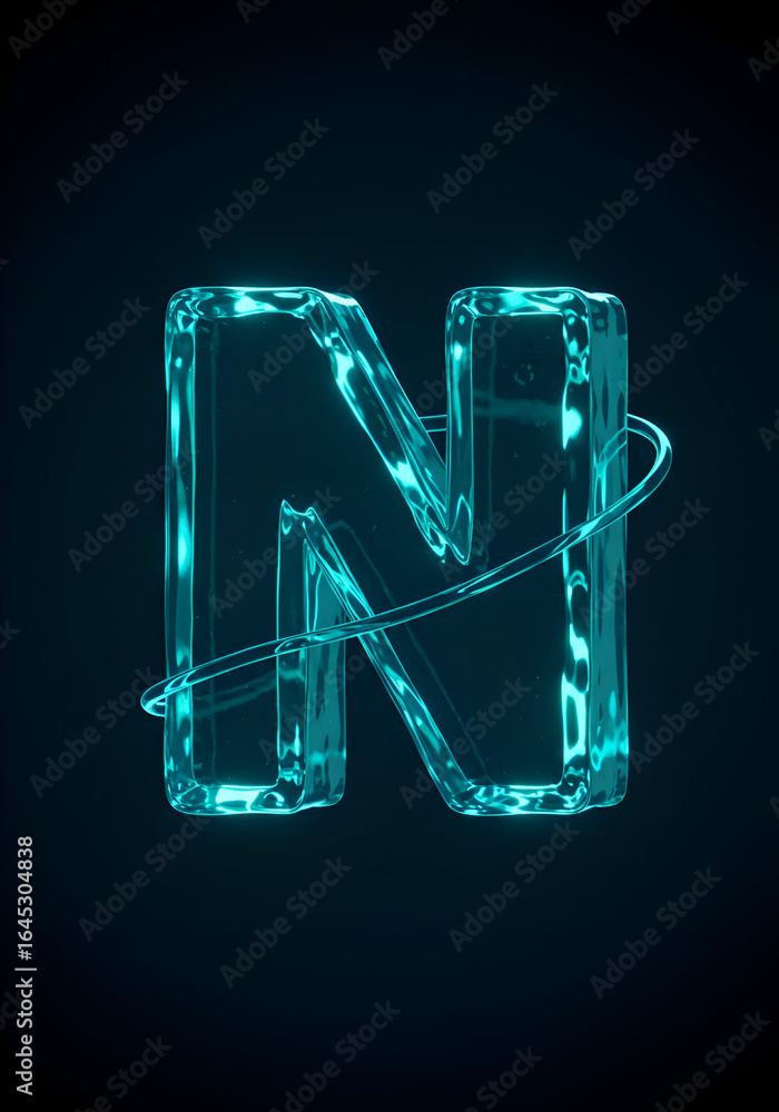 Poster glowing teal letter n in 3d render with orbiting line design. abstract design with dark background. 