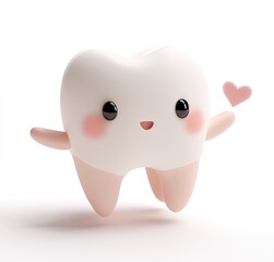 Fototapeta premium 3D cute tooth clipart, white background, soft lighting, cute cartoon style, highly detailed, sharp focus, high resolution, no shadows, high quality
