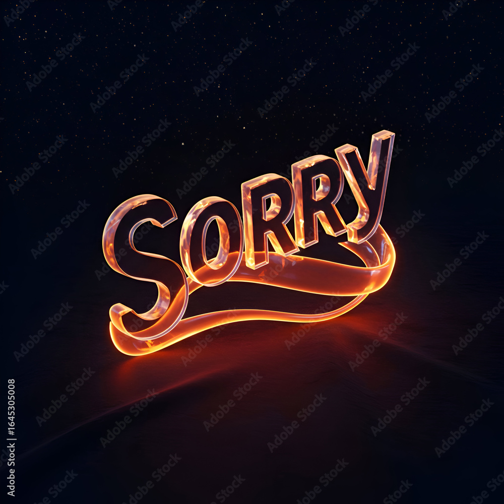 Poster hot glowing sorry text graphic in stylized script, against a dark starry background. 3d rendered dis