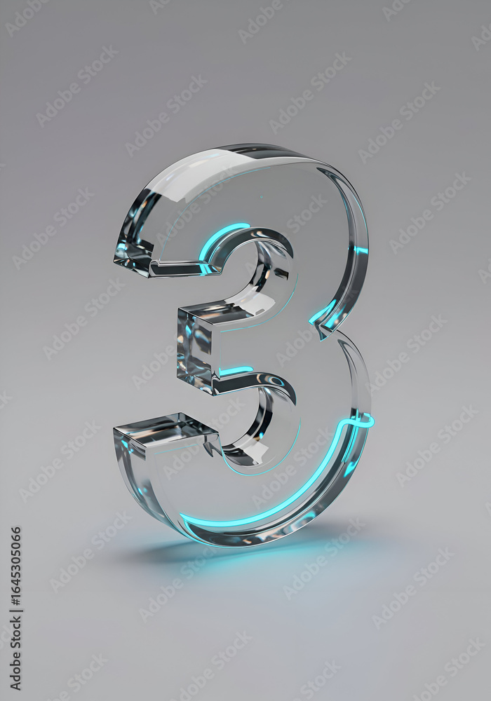 Poster glass number three with teal neon outline on a neutral background. modern design element for a digit
