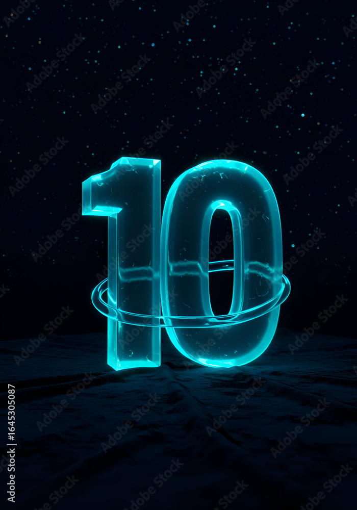 Poster glowing teal number ten with orbiting ring in dark space background. abstract graphic design element