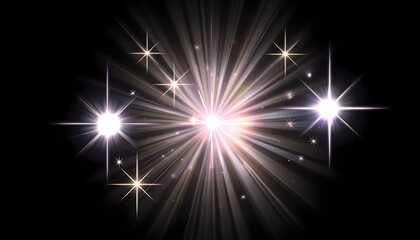 Fototapeta premium A cluster of bright, radiating starbursts against a dark, black background.