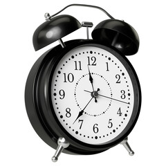 Black alarm clock. Retro classic analog clock with bells and arrows. Side view. Isolated 3D illustration