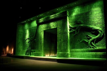 Luminous green temple-like structure at night