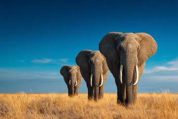 Elephant Family Trek: Three elephants crossing a golden savanna beneath a clear blue sky, majestic and serene.