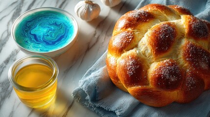 Obraz premium A round, sugared bread loaf rests on a light blue cloth, alongside a bowl of vibrant blue-teal liquid and a small jar of honey. White marble countertop