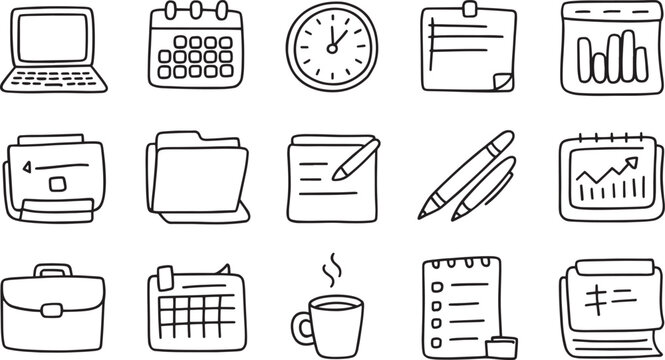 A collection of office and business doodles including a laptop calendar and coffee cup icon set