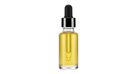 Naklejka premium Black and gold serum stands on black background. Elegant light. Uses: ads, product shot, branding.