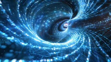 Exploding matrix of quantum data rendered in electric trails, spiraling through a blue digital field .