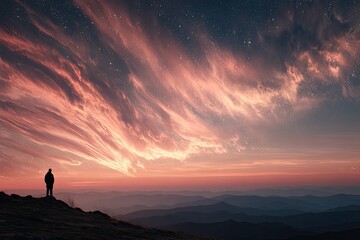 Silhouette figure gazes at a dramatic sunrise over mountain range