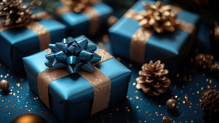 Holiday Christmas, New Year. Close-up Blue luxury gift boxes. Golden yellow ribbons, flat lay, sale