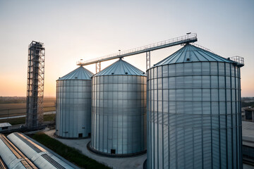 Large silver grain silos at sunrise on agricultural field with clear sky in background perfect for farming industry promotions, agricultural storage concepts and rural infrastructure presentations