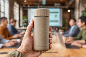 Close-up of a hand holding a sleek reusable bottle during a corporate business meeting.