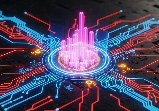 Illuminated Circuit Board with Glowing Abstract Data Visualization in Center of Futuristic Technology Network