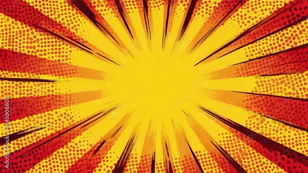 Poster dynamic burst of color and speed, radiating from a central point. retro design with halftone pattern