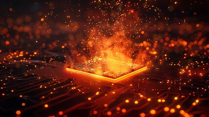 Exploding quantum chip emitting digital particles across a glowing circuit web, floating in a tech atmosphere .