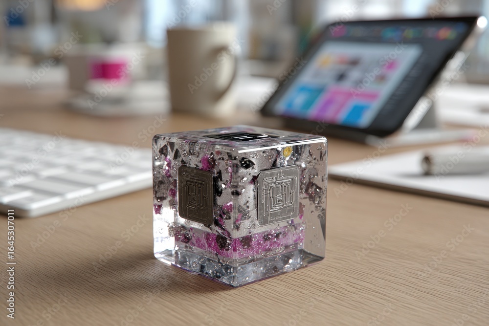 Poster a unique transparent cube embedding metallic circuits and glitter on a modern desk.
