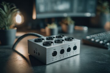 Fototapeta premium Professional silver audio interface with dials on a dark studio desk.