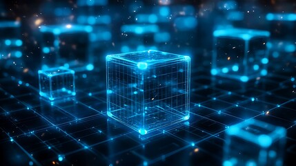 A digital landscape with glowing blue cubes connected by a grid and floating particles around them