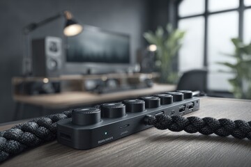 Modern audio mixer controller on a wooden desk in a home studio setup.
