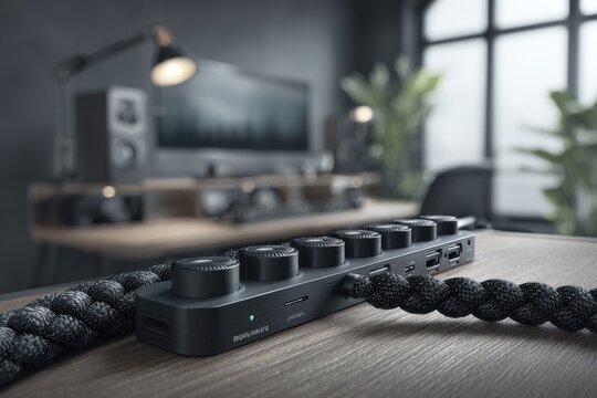 Modern audio mixer controller on a wooden desk in a home studio setup.