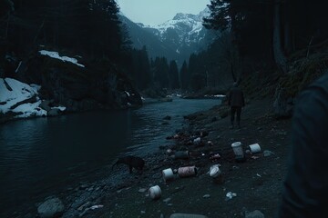 Dark, ominous riverbank scene.  Discarded items litter the shore