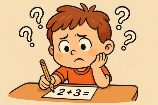Cartoon confused child solving math problem with question marks &mdash; education vector illustration