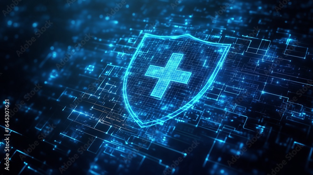 Poster digital technology featuring a blue shield symbolizing cybersecurity and data protection in a virtua