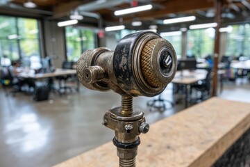 Fototapeta premium Close-up of an aged industrial machine part with textured brass in a modern office workspace.