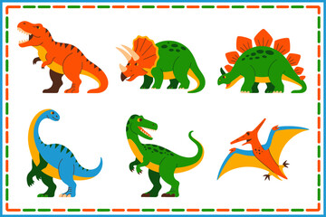 Dinosaur emoticon collection, happy sad surprised sleepy dino faces, expressive flat vector, social media sticker graphic