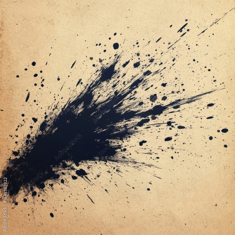 Poster Abstract black ink splatter on beige paper background with dynamic paintbrush strokes and splashes creating a bold artistic design perfect for creative projects