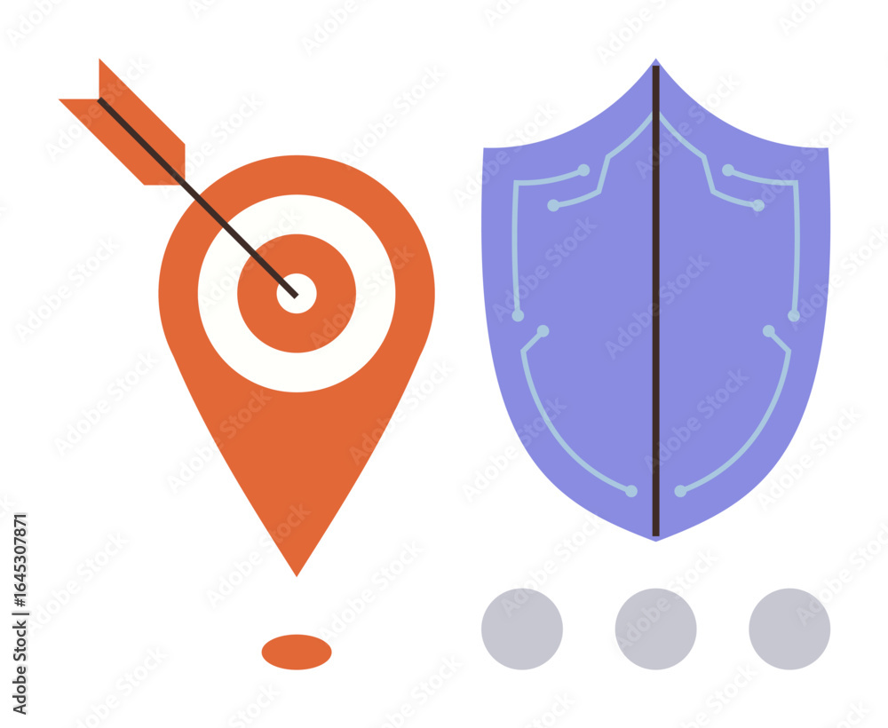 Poster geolocation marker hit by an arrow and a shield with circuit lines representing security and accurac