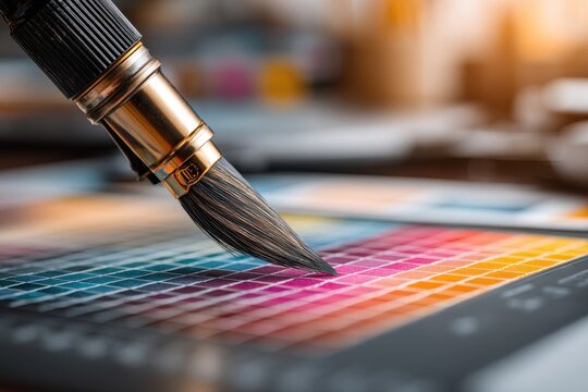 Artist's paintbrush touching a gradient color swatch in a creative studio.