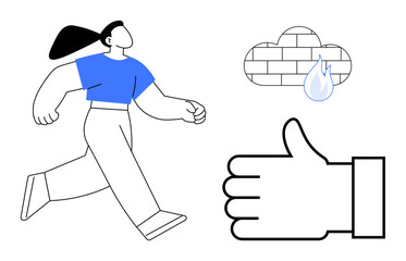 Confident woman walking forward, cloud firewall with water drop representing protection, and a thumbs-up symbol. Ideal for security, firewall, technology, resilience, positive feedback, innovation