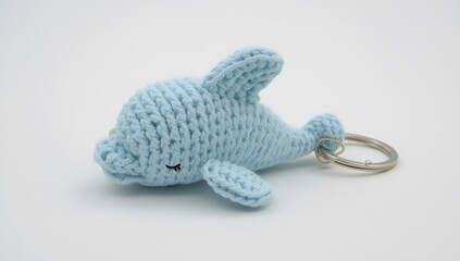 delicate crochet keychain featuring a charming dolphin in a soothing light blue hue, with a rounded snout and a soft wave-shaped fin that gently curves upwards,