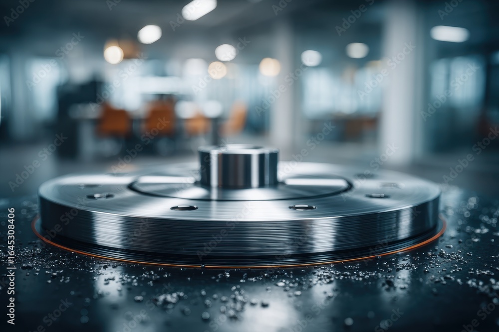 Poster close-up of a metallic industrial component with shavings in a workshop setting