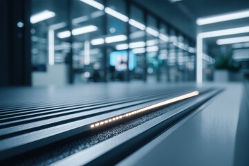 Fototapeta premium Sleek modern interior design with glowing light strip on the floor surface.